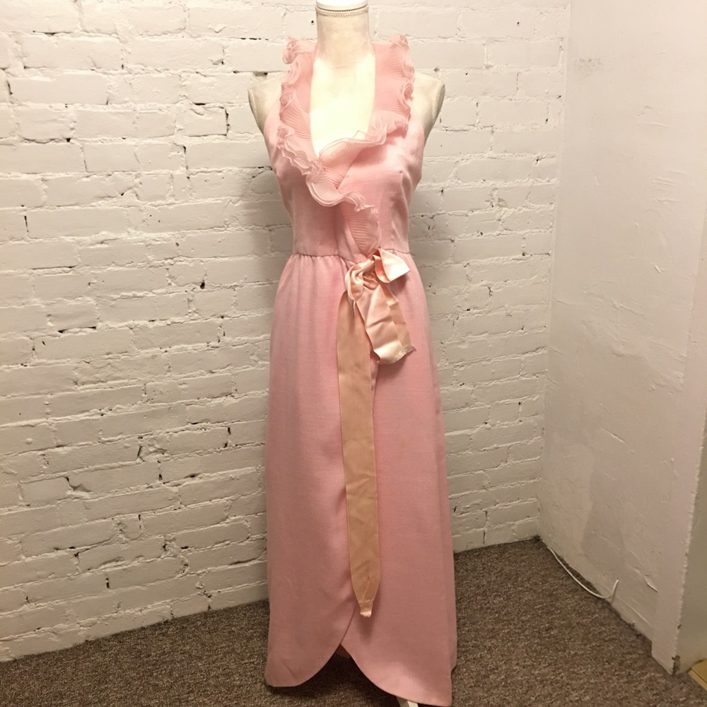 Mollie Parnis Boutique ruffle trim 70s halter dress pink size small